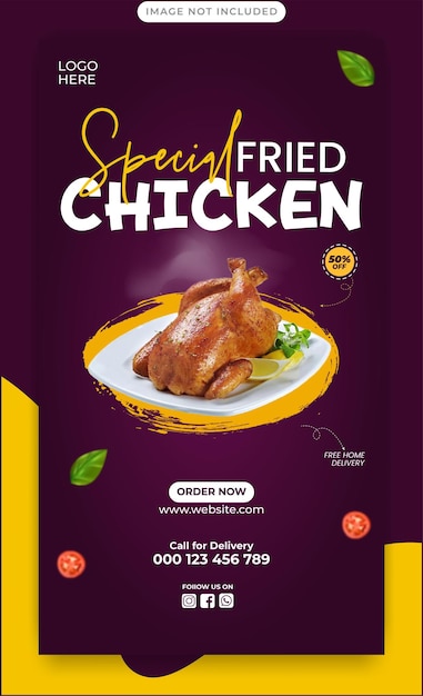 Promoção de frango frito vetorial e restaurante Instagram e modelo de banner de história do Facebook