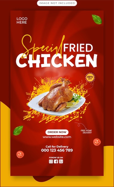 Promoção de frango frito vetorial e restaurante Instagram e modelo de banner de história do Facebook