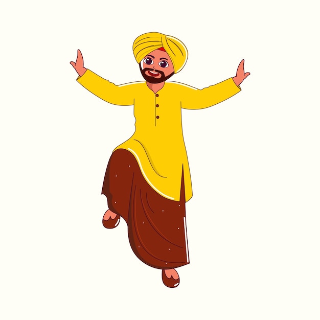 Punjabi jovem realizando dança Bhangra em fundo bege