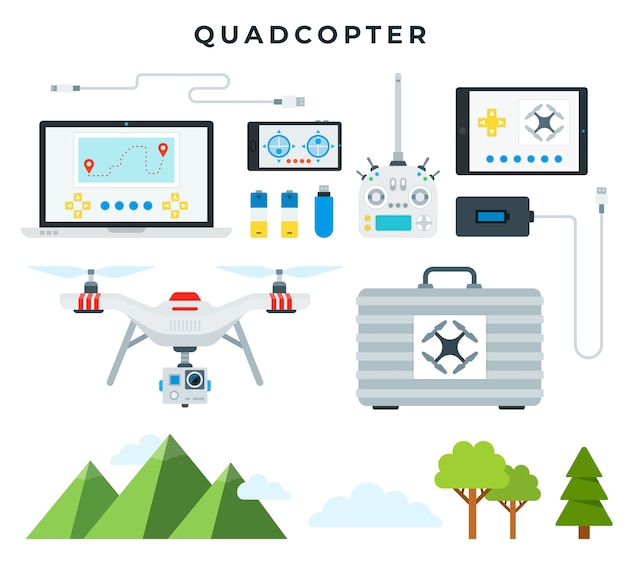 Vetor quadcopter e todos os acessórios isolados no branco