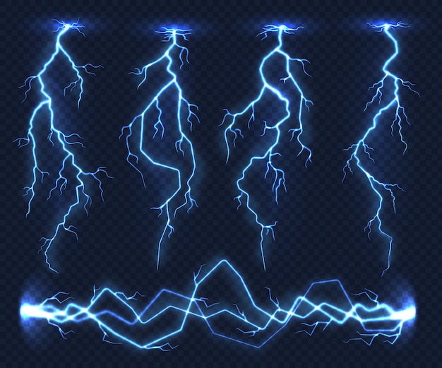 Relâmpagos realistas. Trovão de eletricidade tempestade tempestade flash tempestade na nuvem. Natureza carga de energia, choque de trovão