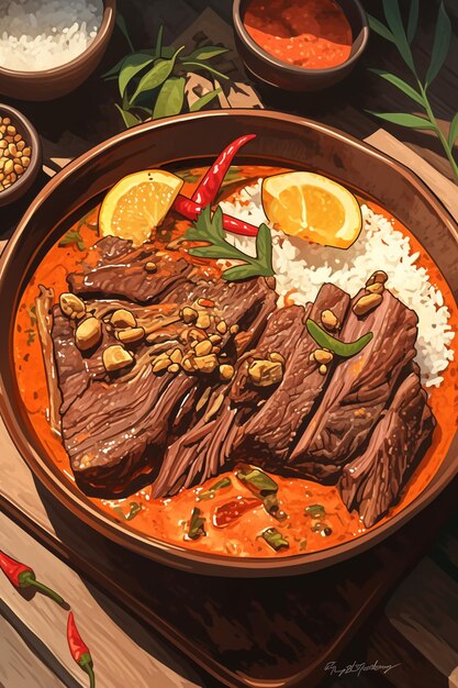 Vetor rendang da malásia e carne de vaca cozida lentamente