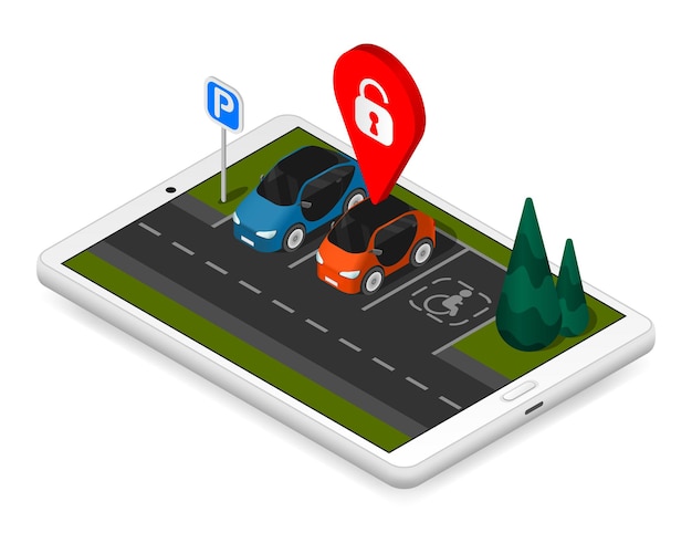 Representação abstrata de composição isométrica de estacionamento de estacionamento online com uma ilustração vetorial de tablet ou smartphone