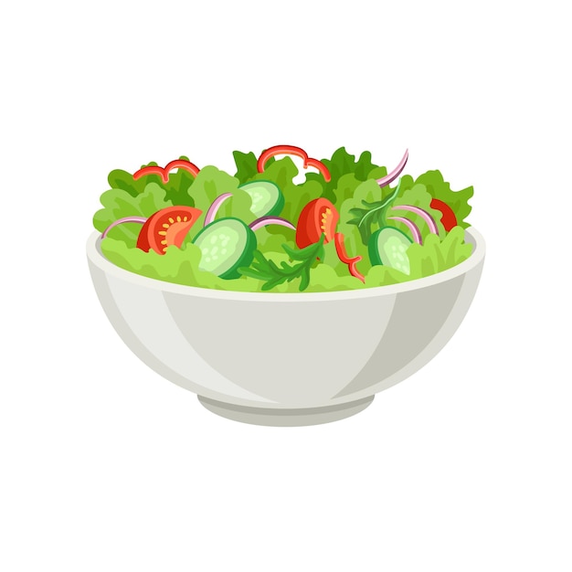 Salada de legumes fresca em tigela de cerâmica cinza Alimentos frescos e saudáveis Nutrição vegetariana Vetor plano para menu de café ou restaurante