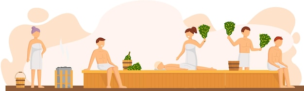 Vetor sauna e sala de vapor conjunto de pessoas na sauna as pessoas relaxam e vaporizam com vassouras de bétula no tradicional fogão russo para banho feminino e masculino banho finlandês sauna pública amigos no spa resort