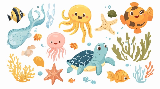 Vetor sea life vector set criaturas do oceano tartaruga bonita