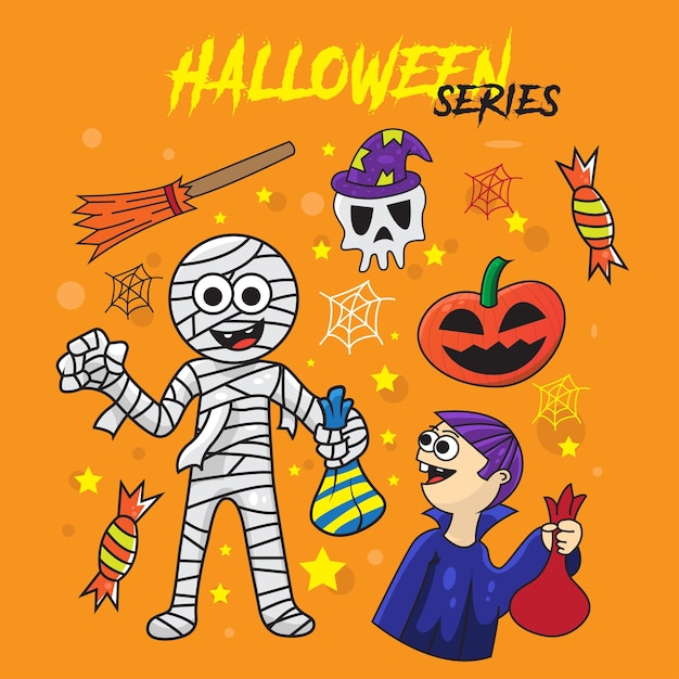 Série de personagens de ilustração colorida de Halloween