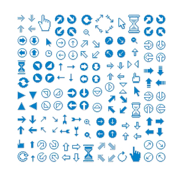 Setas vetoriais diferentes, ícones de pixel isolados, coleção de elementos gráficos de 8 bits. Sinais de direção digital simplista, ícones da web.