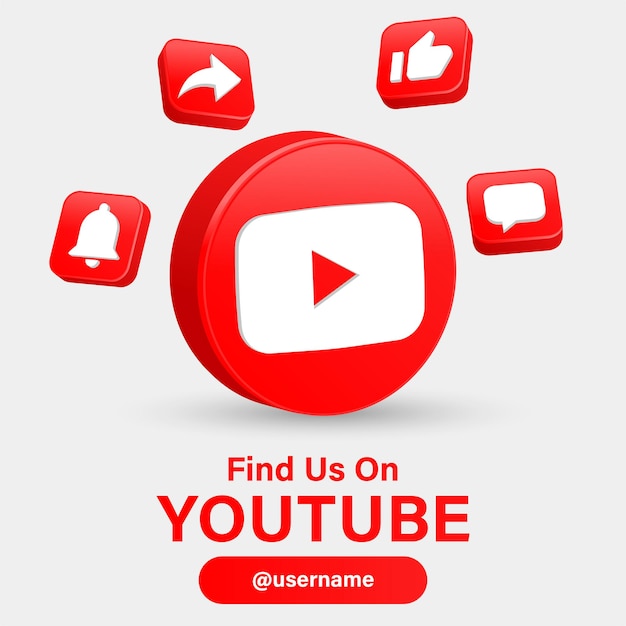 Siga-nos nos logotipos de mídia social do youtube com logotipo 3d em moldura moderna com ícones de notificação