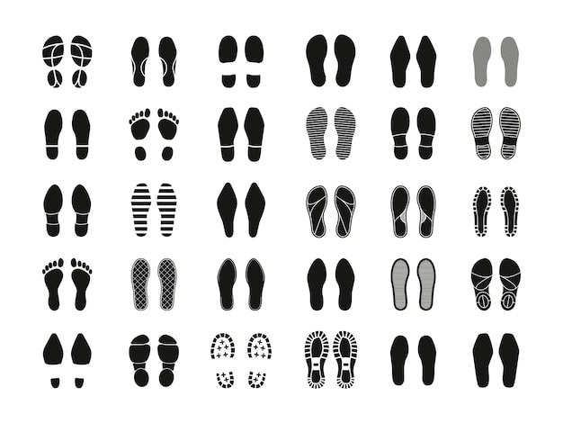 Vetor silhueta de pegada pegadas humanas sola de sapato sinais de contorno de botas de pés de pessoas crianças impressão para trilha caminhadas rastreabilidade vector conjunto isolado