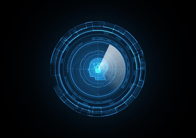 Tecnologia abstrata bloqueio futuro mapa mundial cabeça humana radar segurança círculo fundo ilustração vetorial