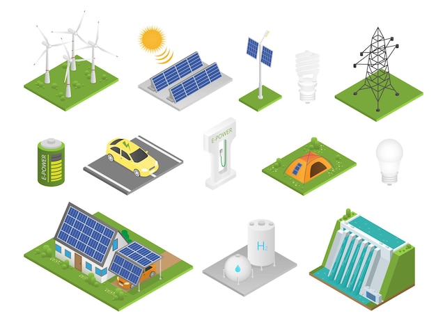 Tecnologias verdes isométricas. Coleção inovadora da indústria ecológica, painel de bateria solar de fontes alternativas de energia e moinho de vento, recursos renováveis e conjunto isolado de vetor ecológico de resíduos recicláveis