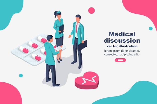 Trabalho em equipe de médicos. Vetor de brainstorm médico