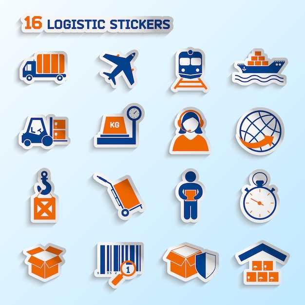 Transporte de pacote logístico global entrega urgente adesivos elementos conjunto ilustração vetorial