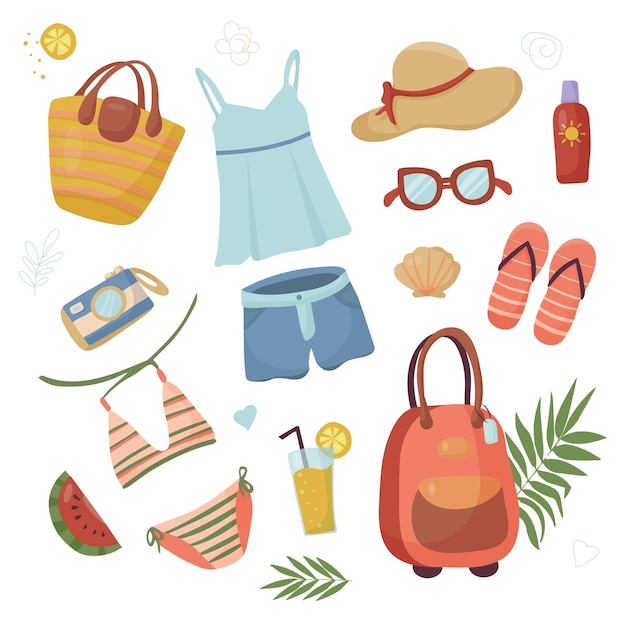 Um conjunto de coisas de verão para viagens e férias