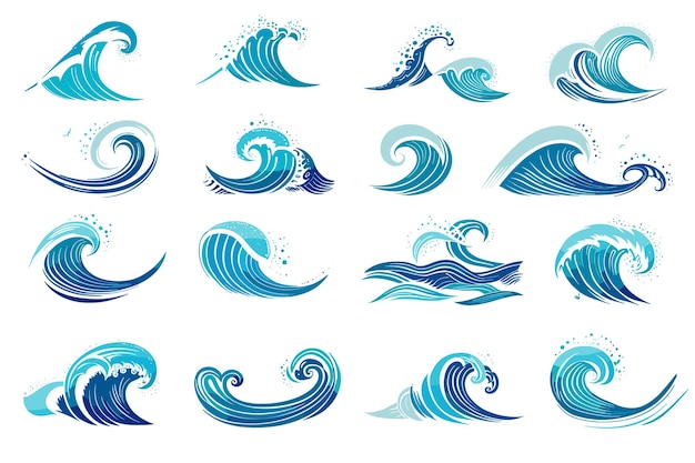 Vetor um conjunto de diferentes desenhos de ondas azuis