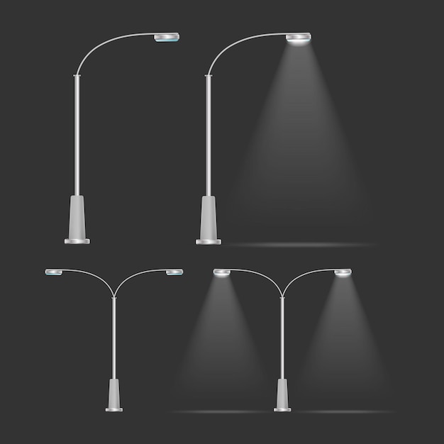 Um conjunto de lanternas metálicas que brilham. Poste de luz com luz realista. Vetor.