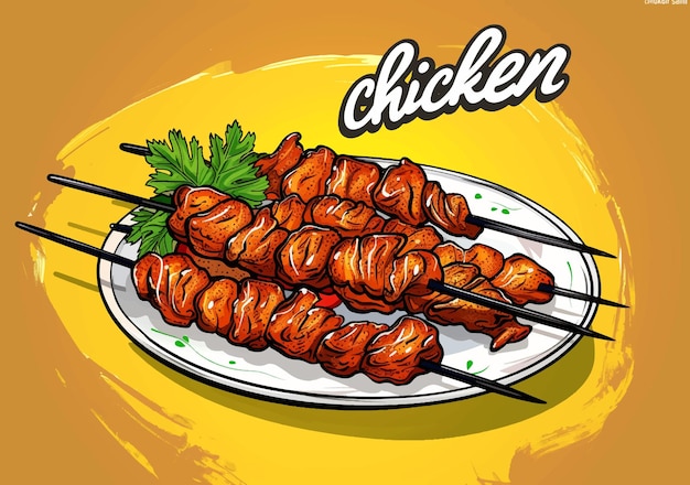 um desenho de um prato de satay de frango em um fundo amarelo com a palavra frango em arte de cartaz