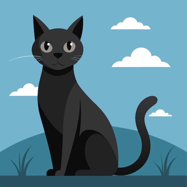 Vetor um gato preto com um fundo azul com nuvens e um céu com nuvens