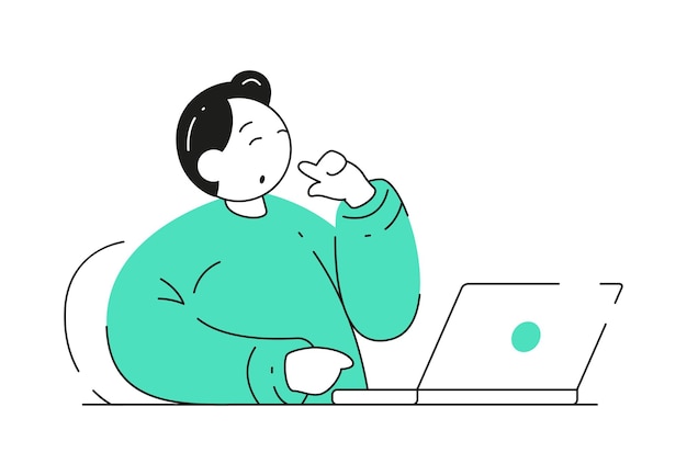 Um homem está abrindo um laptop e pensando em ideias Ilustração vetorial de estilo desenhado à mão