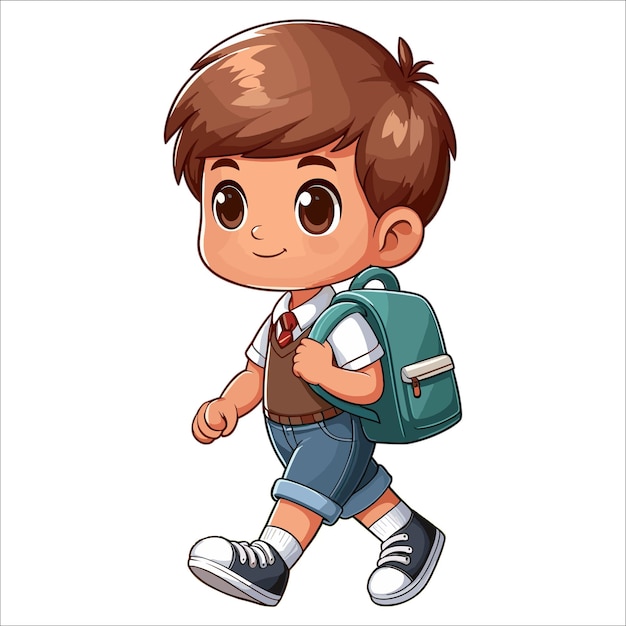 Um menino de escola andando com uma bolsa para a frente ilustração vetorial de desenho animado em fundo branco