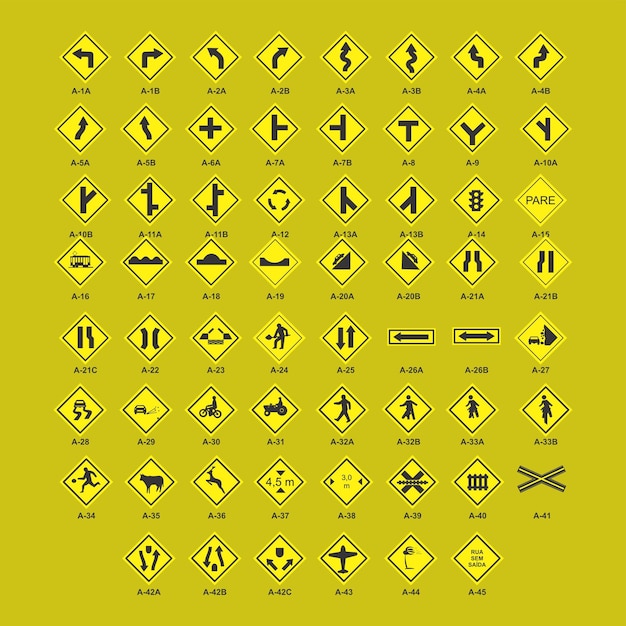 Vetor um sinal amarelo que diz estrada e a estrada é marcada com setas
