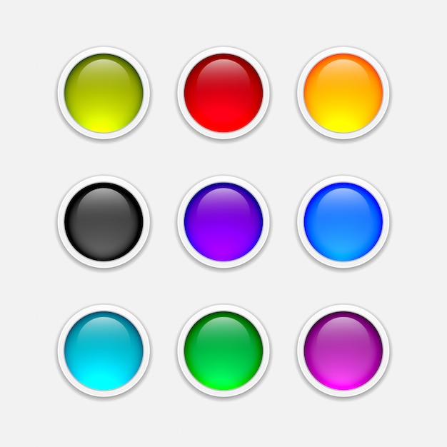 Vetor uma coleção de designs de botões redondos para ícones com várias opções de cores brilhantes.