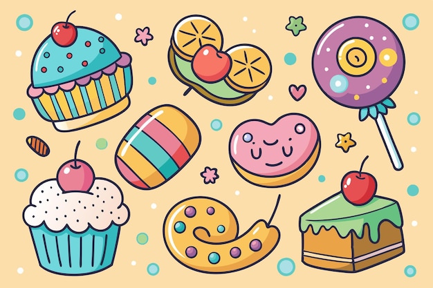 Vetor uma ilustração colorida de vários doces e sobremesas, incluindo cupcakes, um biscoito em forma de coração, um pirulito e uma fatia de bolo, tudo em um fundo amarelo claro