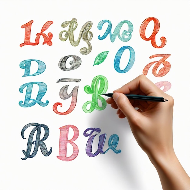 uma pessoa está escrevendo em letras coloridas com um lápis na mão