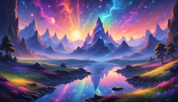 Vetor uma pintura digital de uma paisagem de fantasia com montanhas coloridas um lago e um céu vibrante a cena está cheia de uma sensação de magia e maravilha sugerindo um mundo além da imaginação