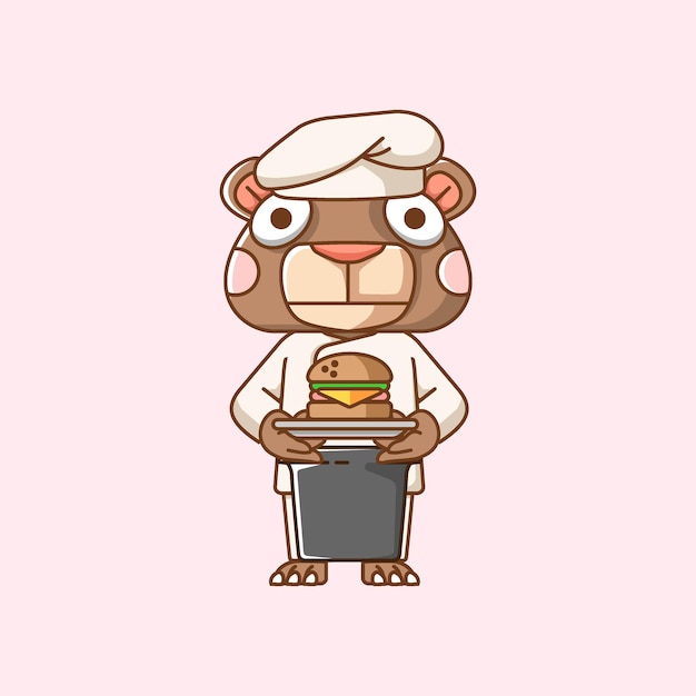 Urso bonito chef cozinheiro servir comida animal chibi personagem mascote ícone linha plana estilo de arte ilustração c