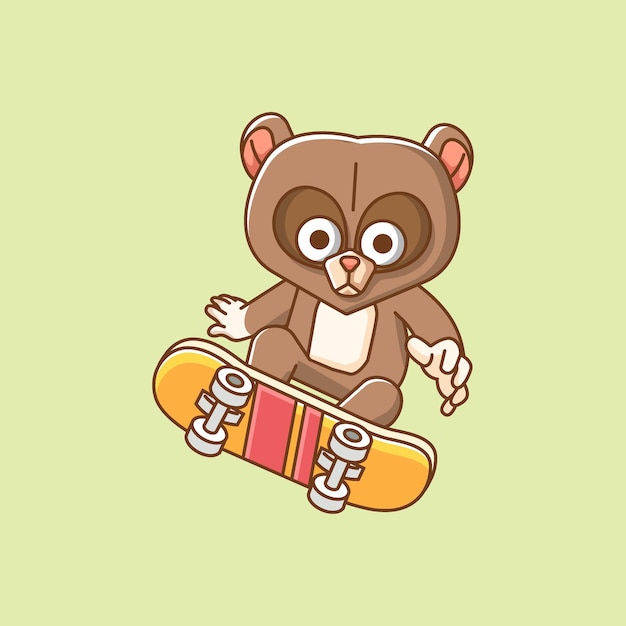 Urso bonito jogando skateboard truque animal kawaii chibi personagem mascote ilustração estilo de contorno