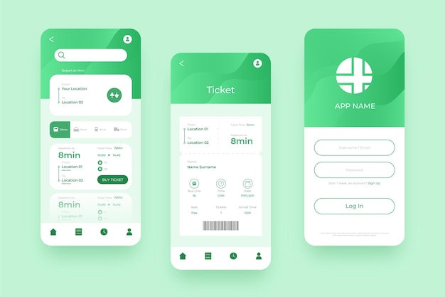 Vetor várias telas para aplicativo móvel de transporte público verde