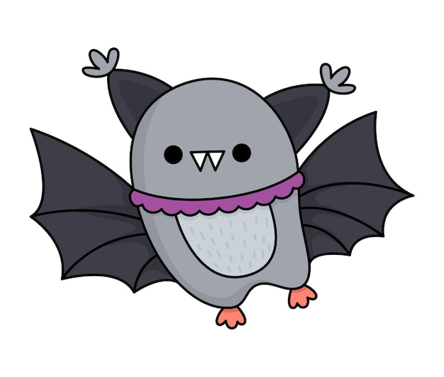 Vetor vector kawaii morcego bonito sorridente personagem de halloween para crianças engraçado outono todos os santos animal de desenho animado com ilustração de asas abertas ícone de festa samhain para crianças