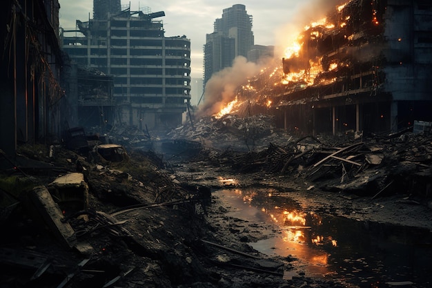 Vetor vista de edifício em chamas na cidade conceito de fundo de guerra