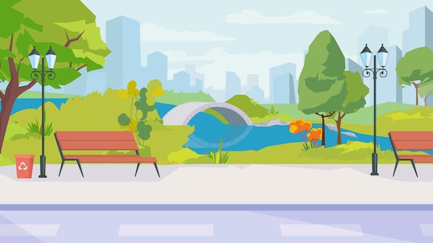 Vista do parque da cidade de verão, banner no projeto liso dos desenhos animados. Jardim público ou praça com lago, ponte, bancos, lanternas e trilha, paisagem urbana com arranha-céus. Ilustração em vetor de fundo da web