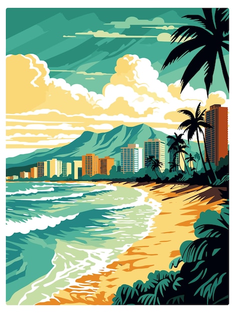 Vetor waikiki beach havaí poster de viagem vintage souvenir cartão postal pintura de retrato ilustração wpa