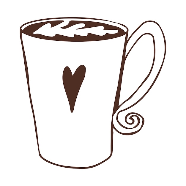 Xícara de café com bebida quente de decoração de coração em estilo doodle isolado em fundo branco