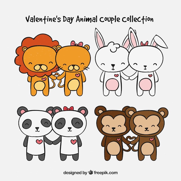 Vettore gratuito accumulazione delle coppie animali di san valentino disegnato a mano