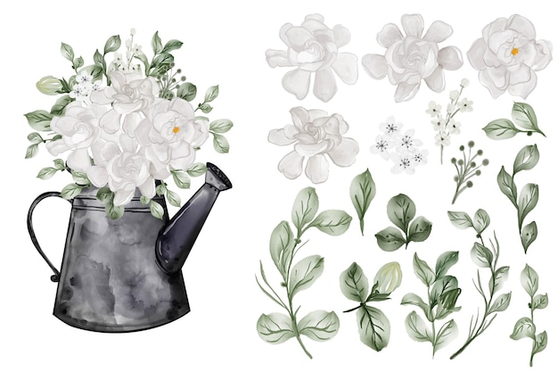 Assortimento di foglie acquerellate con fiore bianco di gardenia