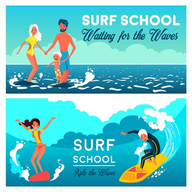 Banner orizzontale di scuola di surf