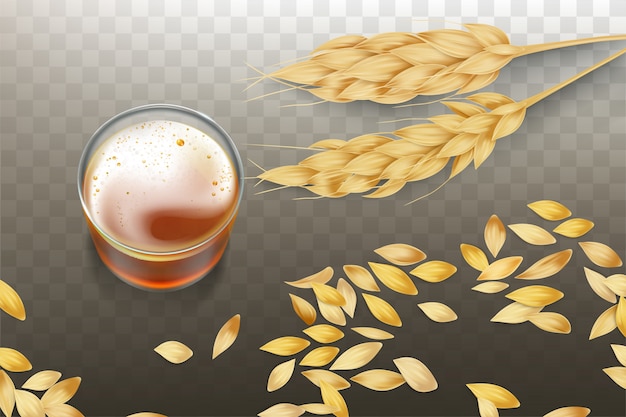 Vettore gratuito birra artigianale o whisky in becher di vetro con spighe di grano o orzo e granelli di grano