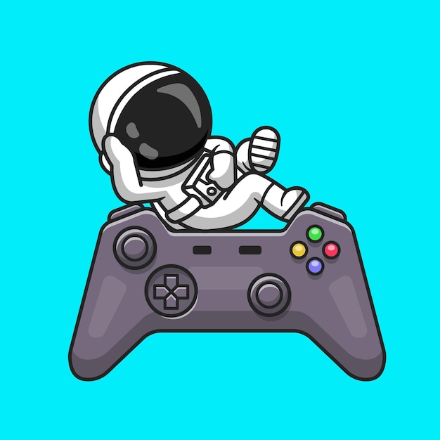 Carino astronauta Chill relax sul controller di gioco Cartoon vettore icona illustrazione. Tecnologia Scienza Icona Concetto Isolato Vettore Premium. Stile cartone animato piatto