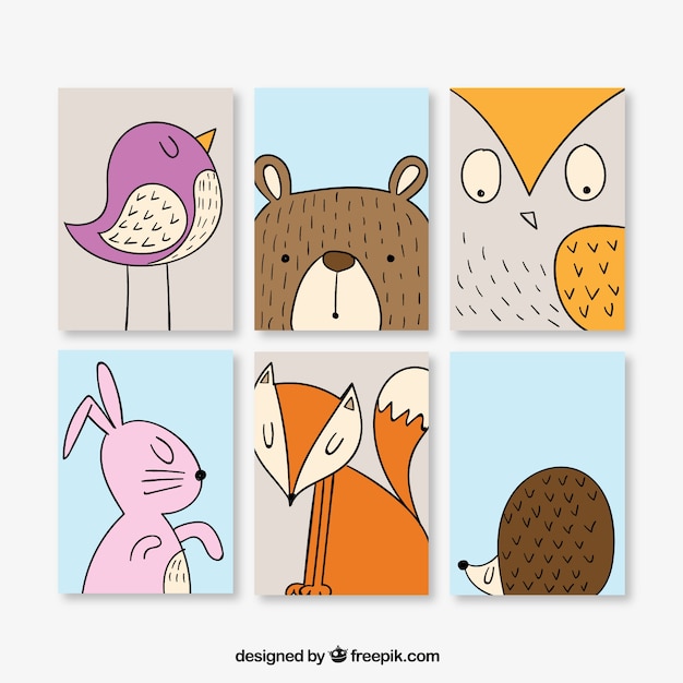 Vettore gratuito carte bella serie di animali disegnati a mano