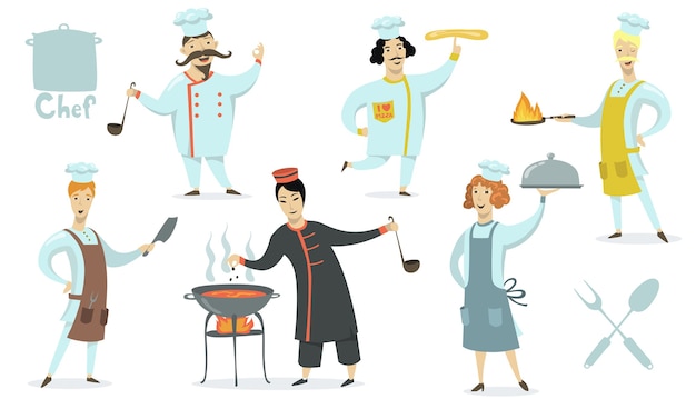 Vettore gratuito chef che indossano grembiuli e cappelli da cucina. professionisti che cucinano pasti al ristorante. illustrazione vettoriale per cibo, cucina, cucina, lavoro, concetto di cucina tradizionale