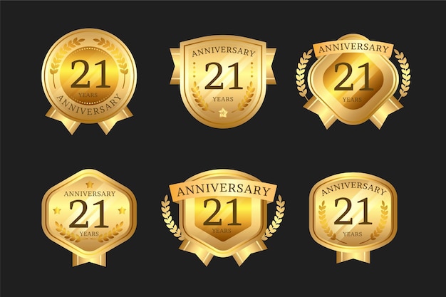 Vettore gratuito collezione di badge d'oro 21 ° anniversario