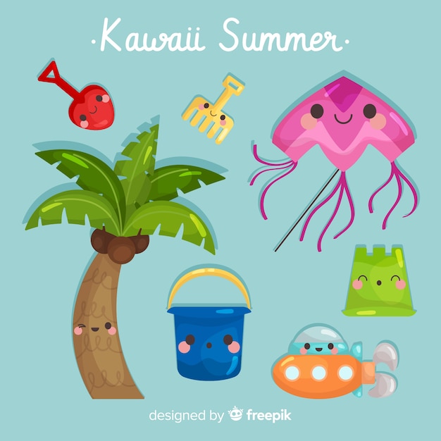 Vettore gratuito collezione di elementi colorati kawaii estate