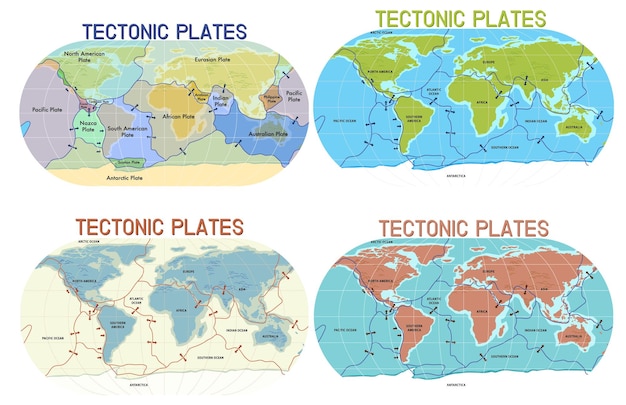 Vettore gratuito collezione di mappe del mondo delle placche tettoniche