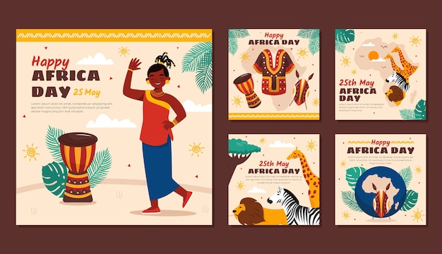 Vettore gratuito collezione di post instagram flat africa day