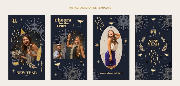 Collezione di storie di instagram di capodanno disegnate a mano